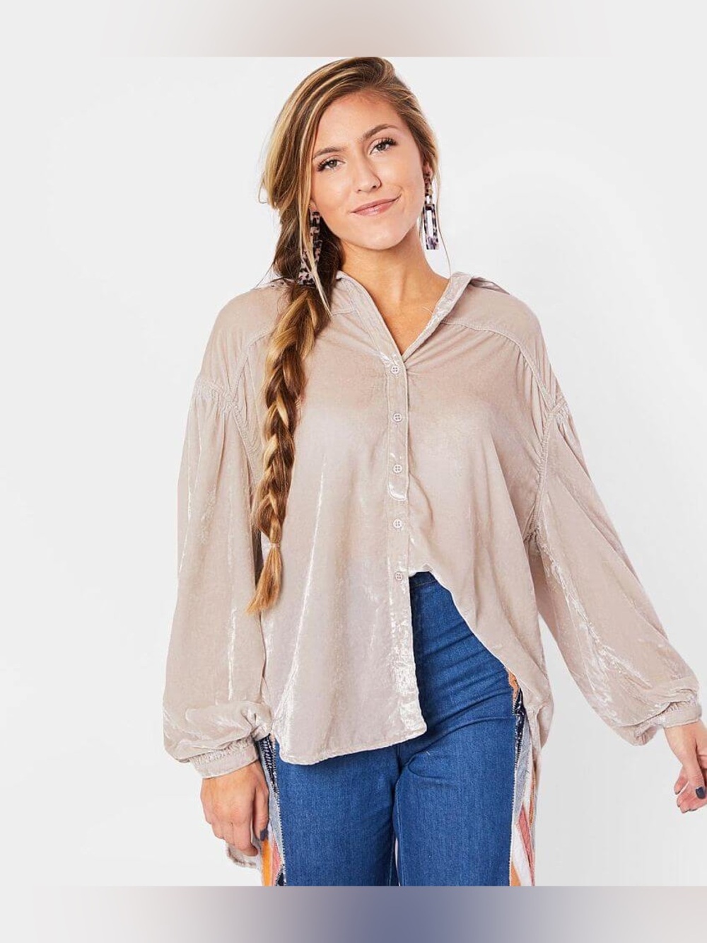 Free People We The Free La Luna velvet blouse Harvest Moon blush pink oversize S